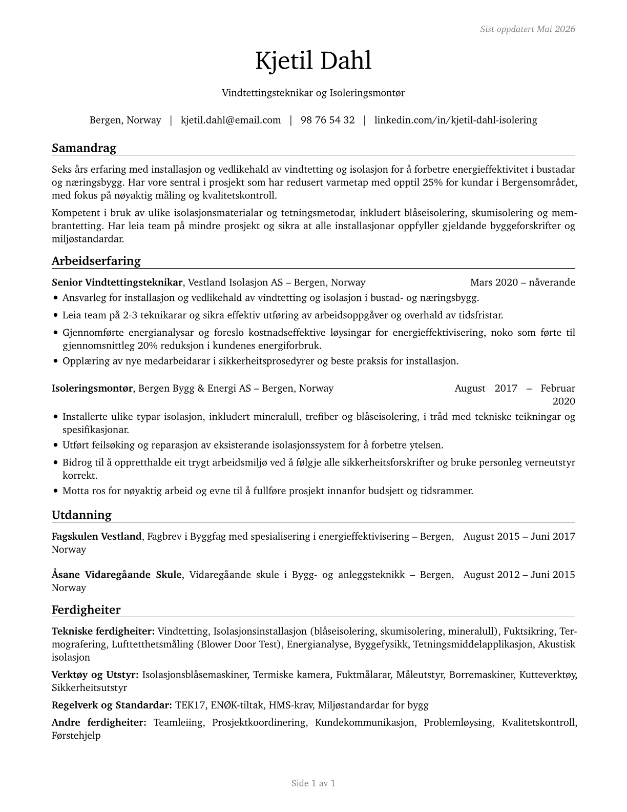 Weatherization Installers and Technicians CV in Norwegian_nynorsk — page 1