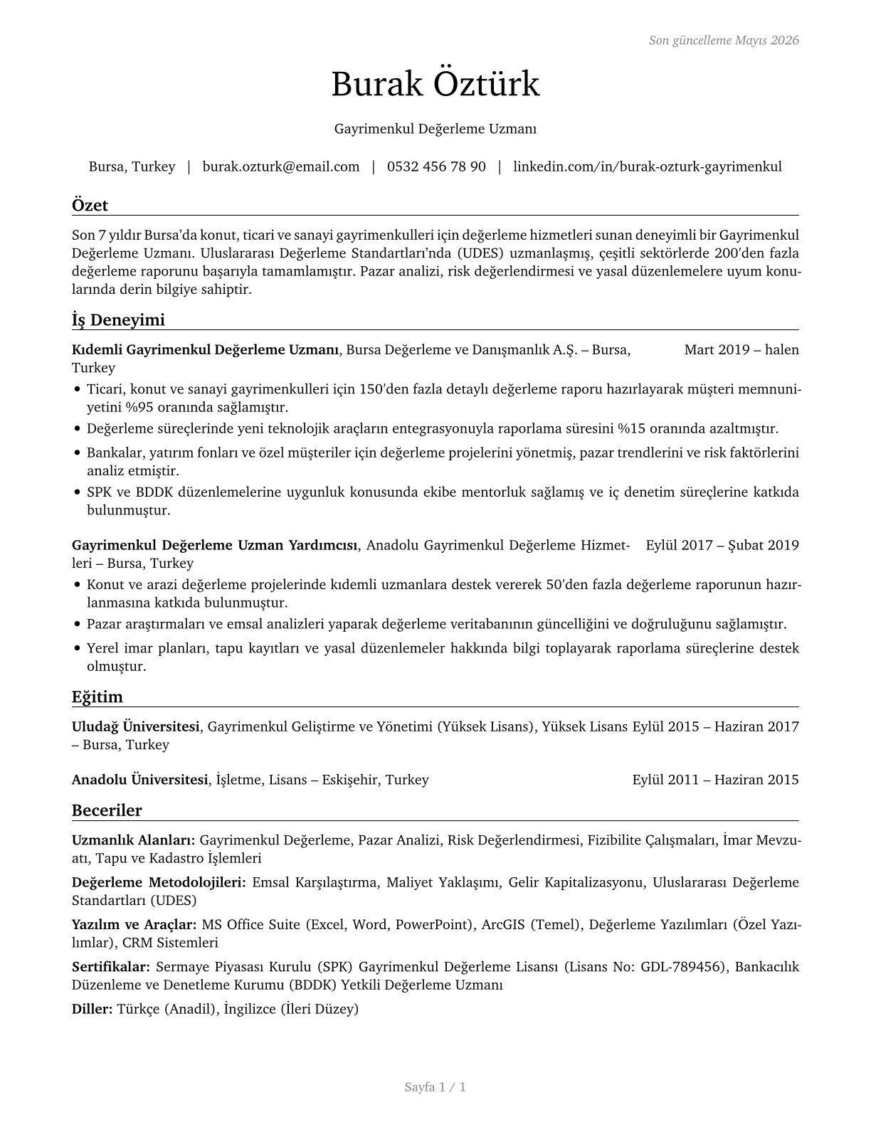 Appraisers and Assessors of Real Estate CV in Turkish — page 1