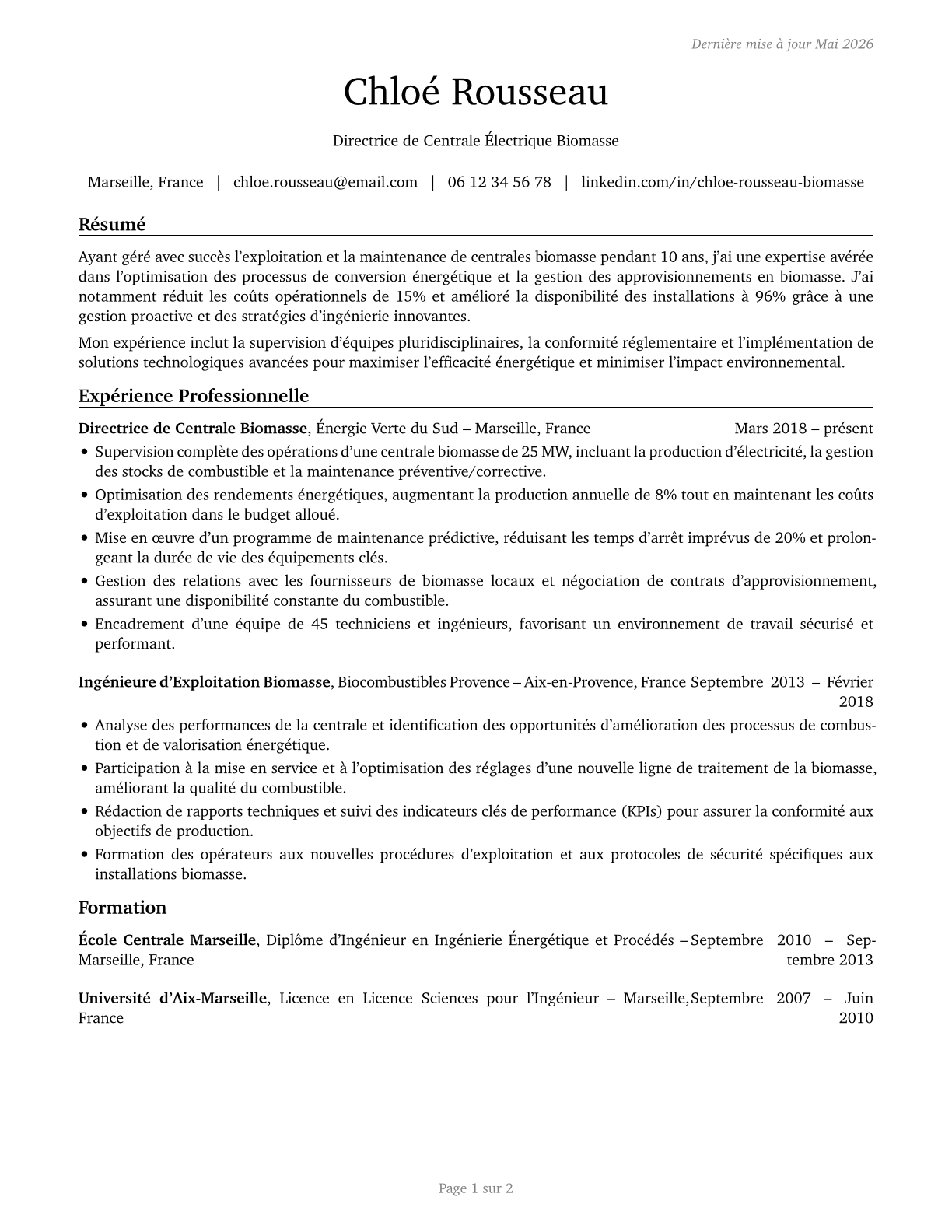 Biomass Power Plant Managers CV in French — page 1