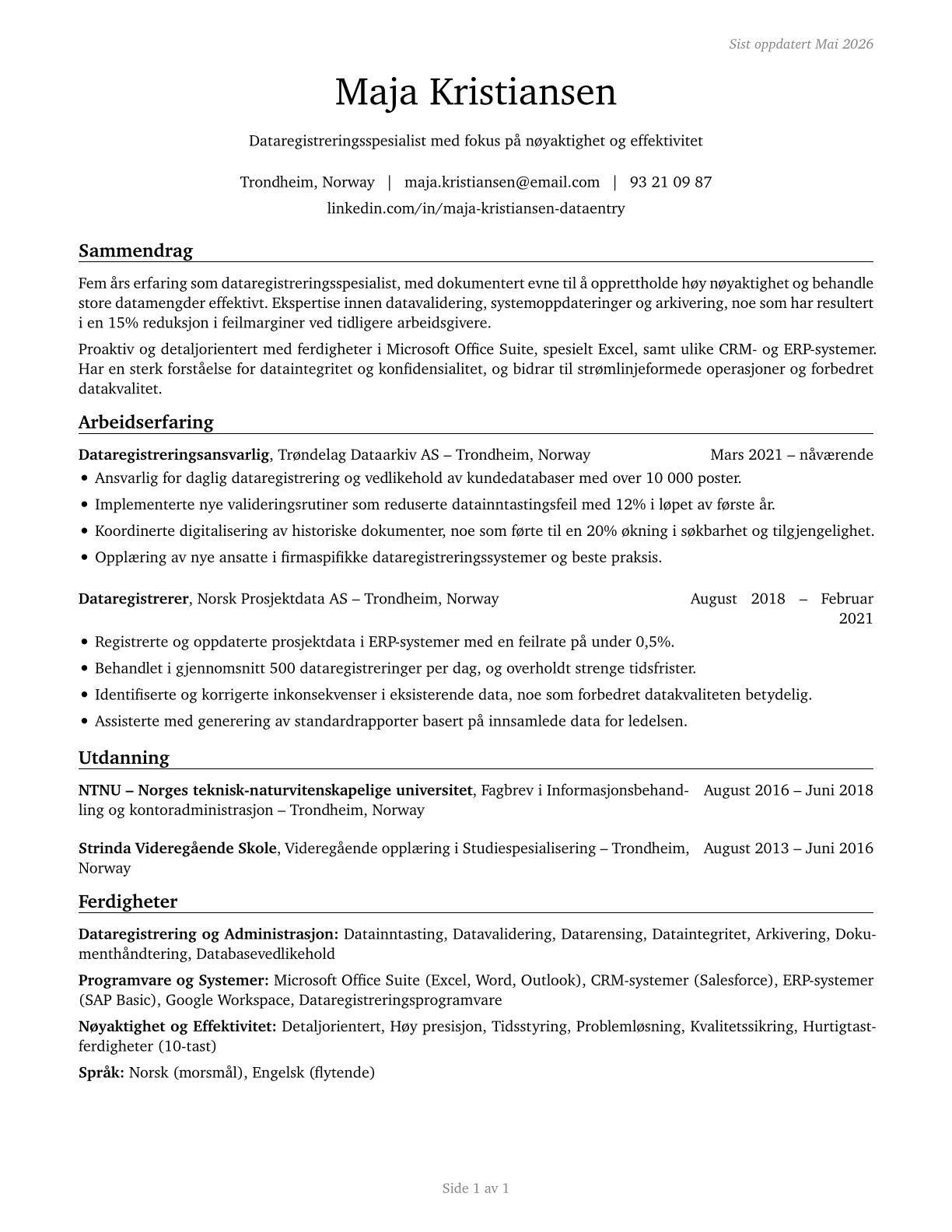Data Entry Keyers CV in Norwegian_bokmal — page 1