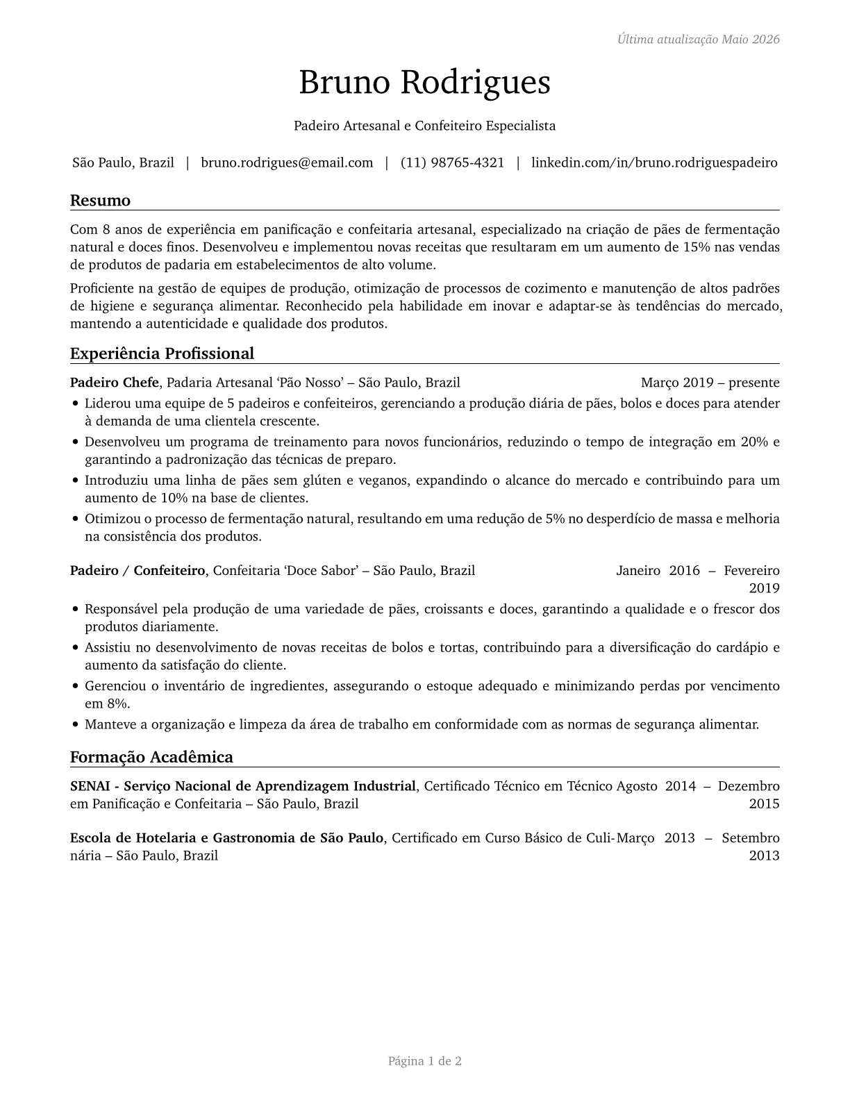 Bakers CV in Portuguese — page 1