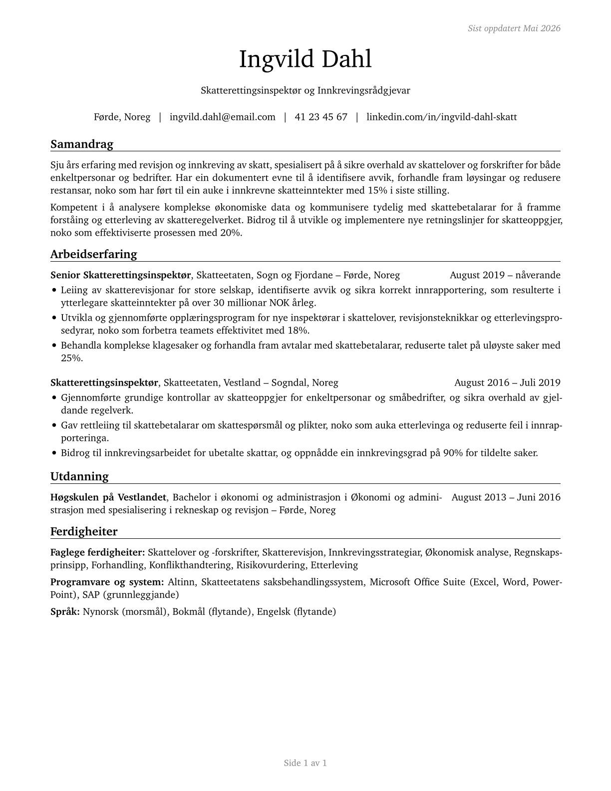 Tax Examiners and Collectors, and Revenue Agents CV in Norwegian_nynorsk — page 1