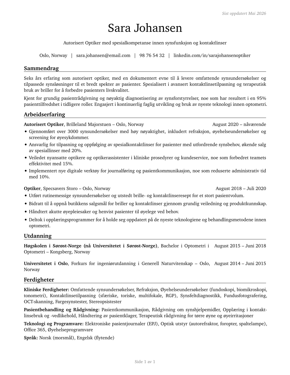 Optometrists CV in Norwegian_bokmal — page 1