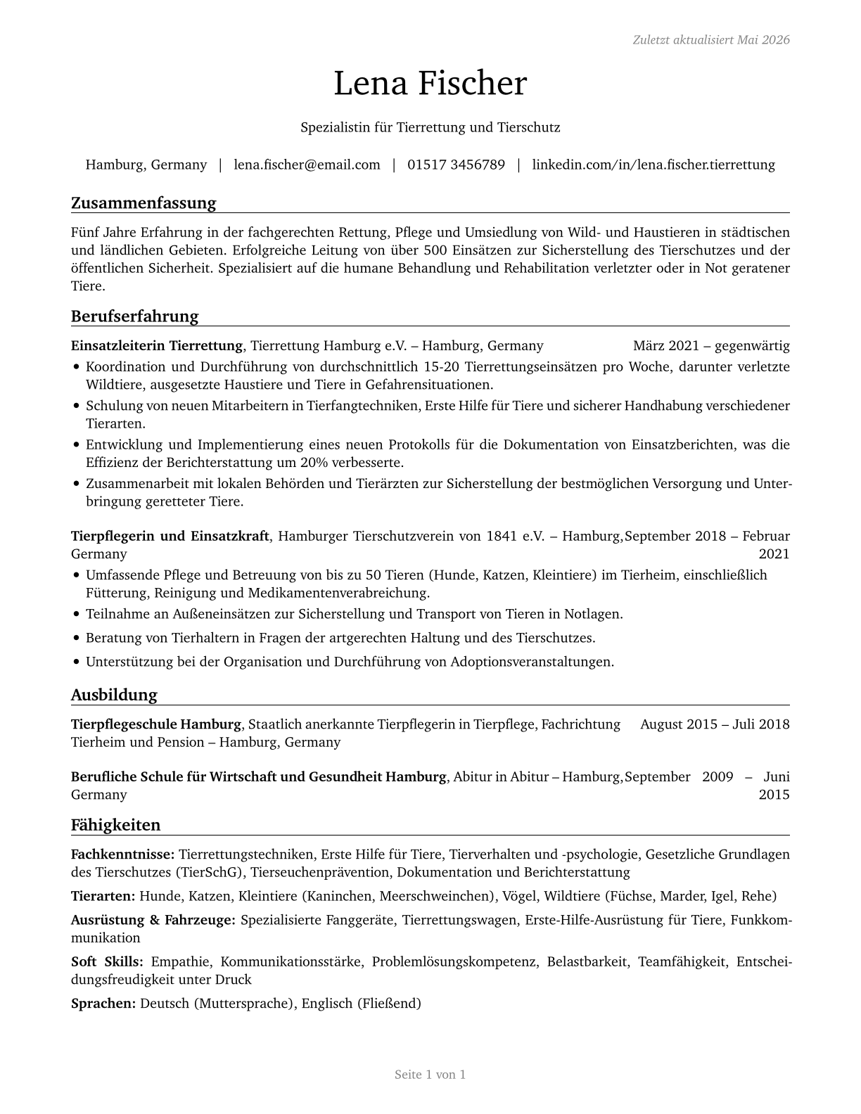 Animal Control Workers CV in German — page 1