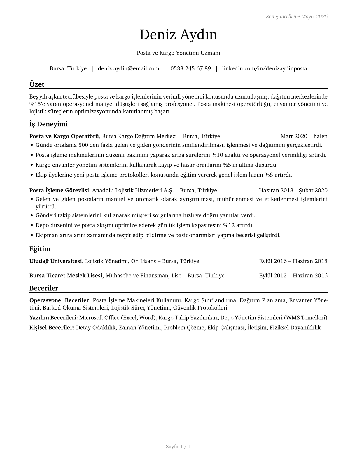 Mail Clerks and Mail Machine Operators, Except Postal Service CV in Turkish — page 1