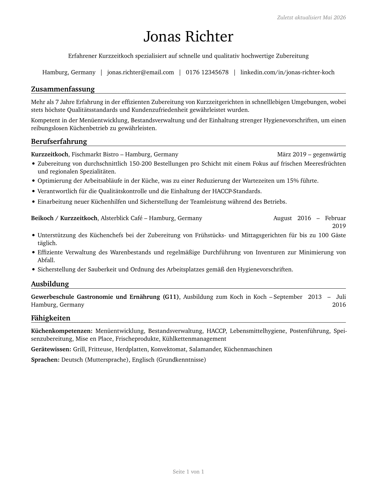 Cooks, Short Order CV in German — page 1