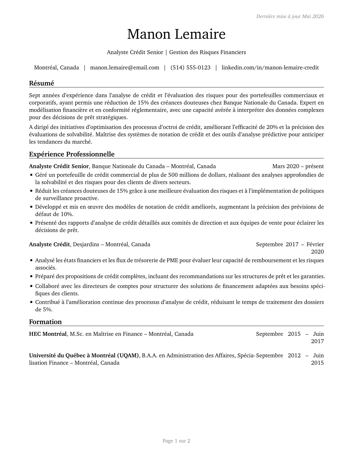 Credit Analysts CV in French — page 1