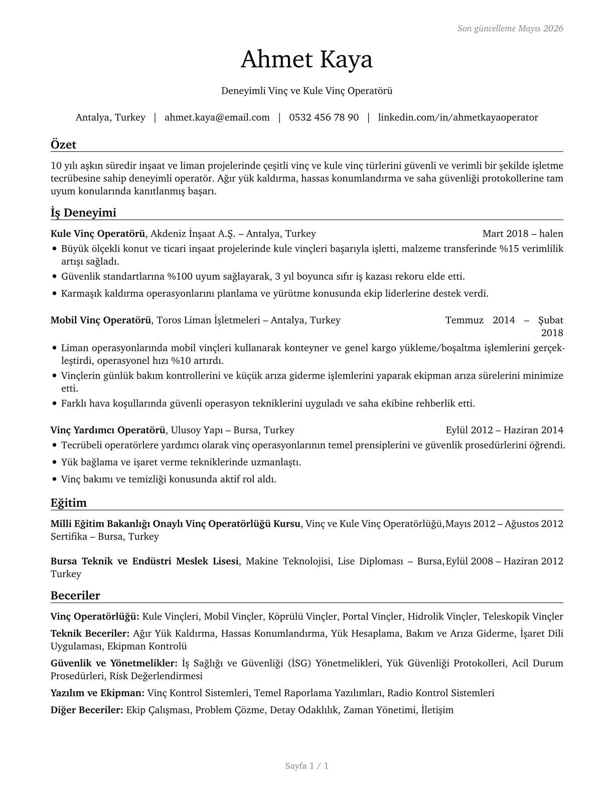 Crane and Tower Operators CV in Turkish — page 1