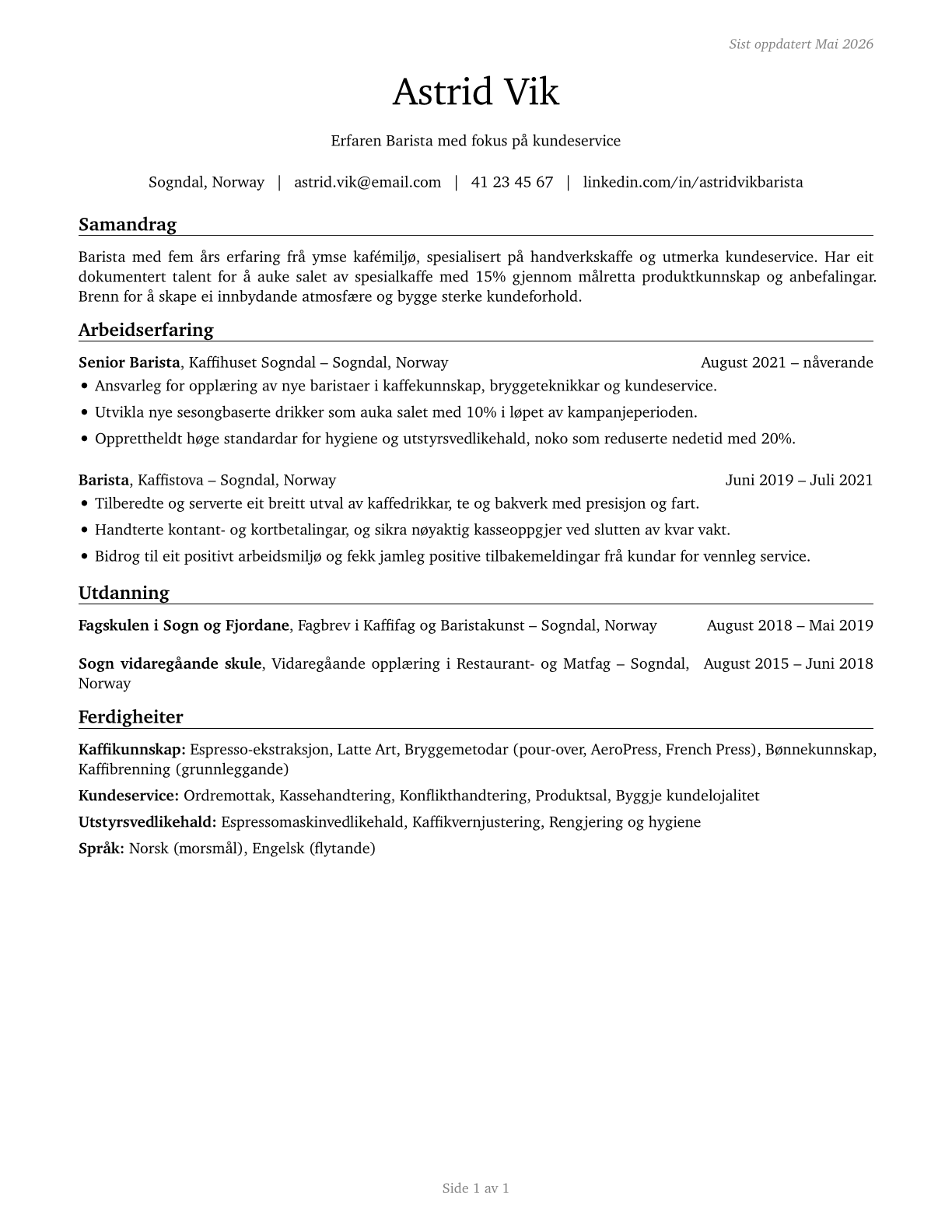 Baristas CV in Norwegian_nynorsk — page 1
