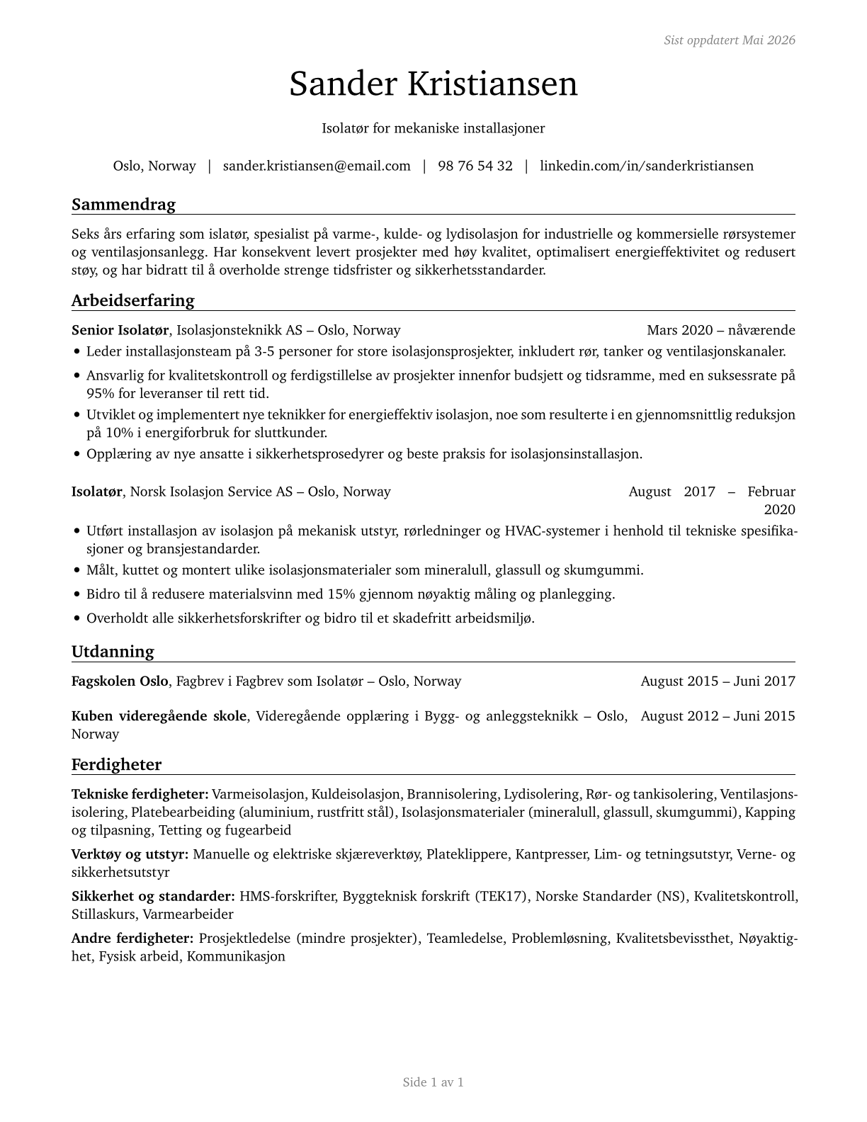 Insulation Workers, Mechanical CV in Norwegian_bokmal — page 1