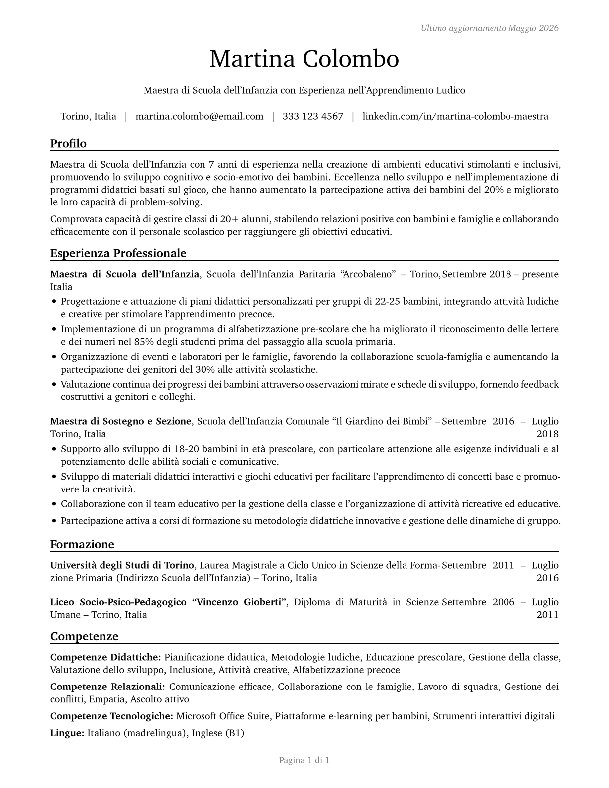 Kindergarten Teachers, Except Special Education CV in Italian — page 1
