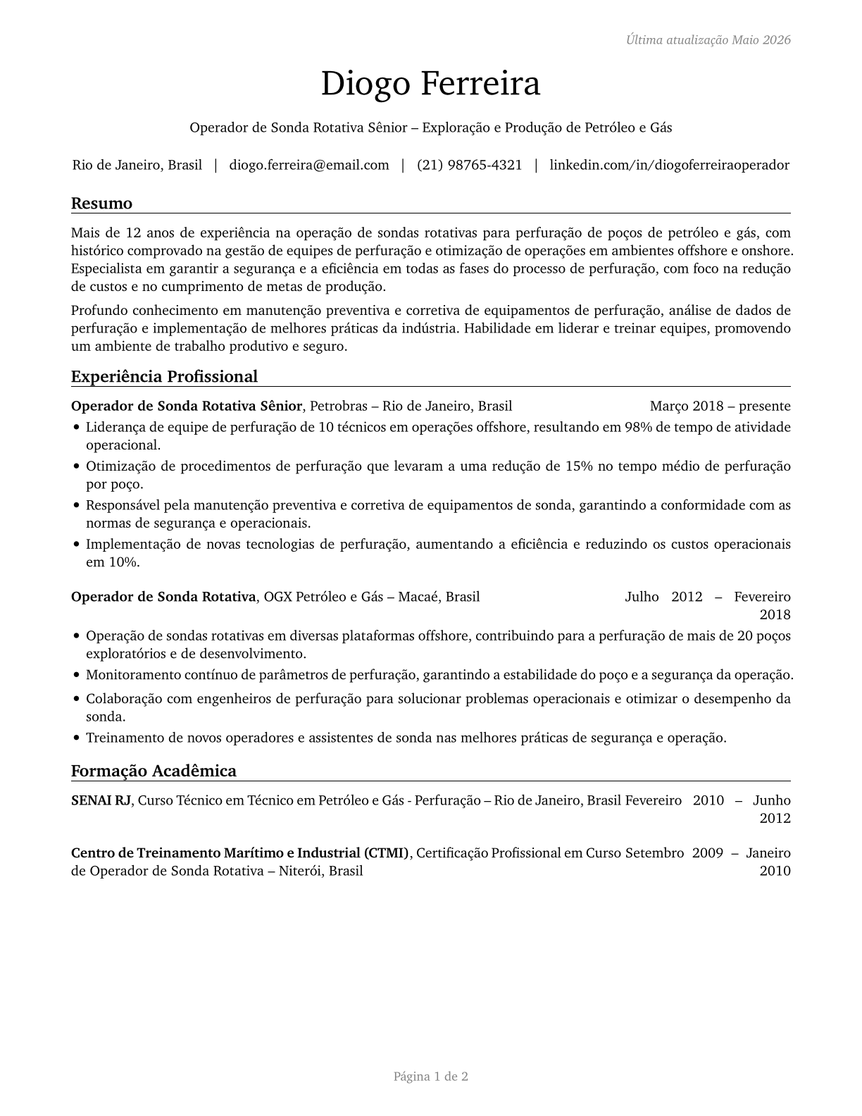 Rotary Drill Operators, Oil and Gas CV in Portuguese — page 1