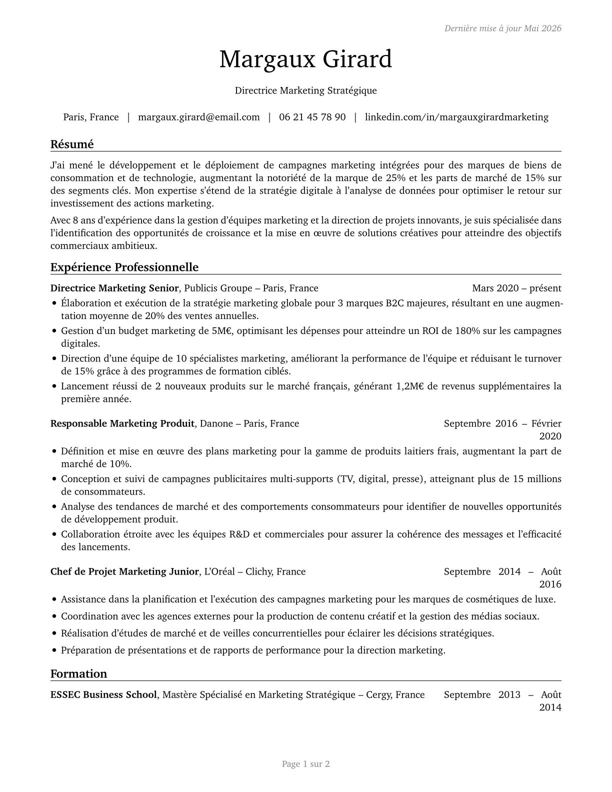 Marketing Managers CV in French — page 1