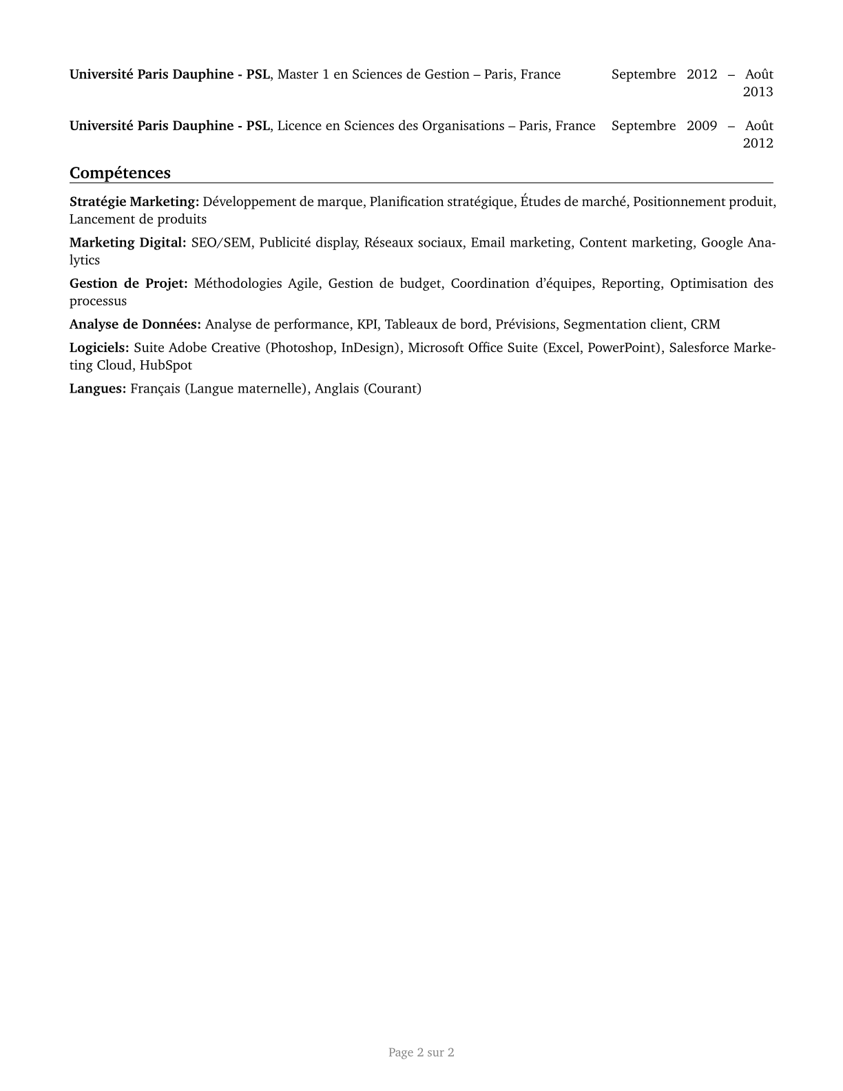 Marketing Managers CV in French — page 2