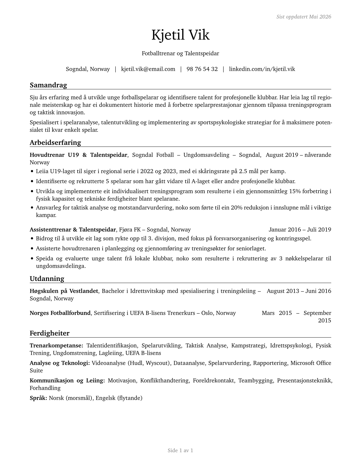 Coaches and Scouts CV in Norwegian_nynorsk — page 1
