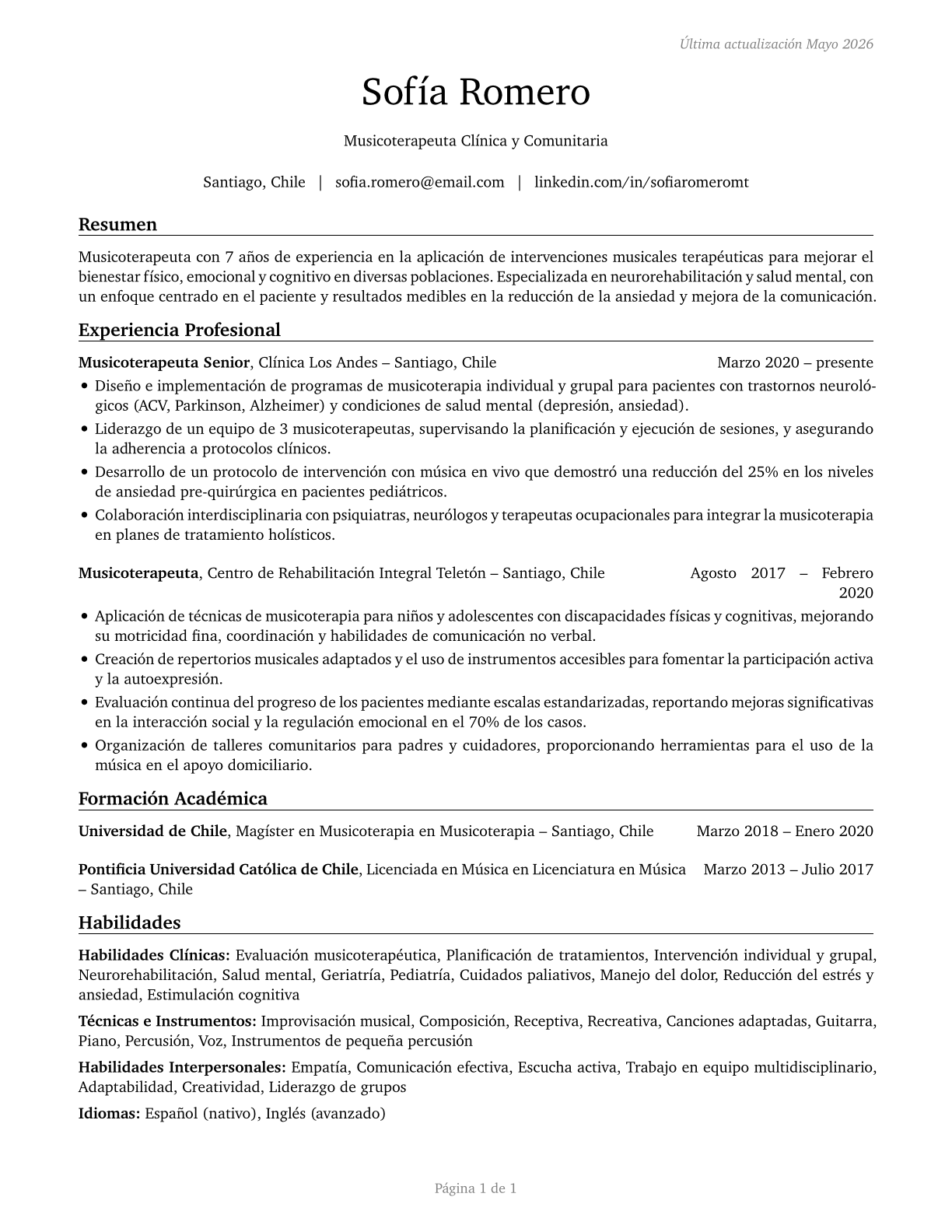 Music Therapists CV in Spanish — page 1