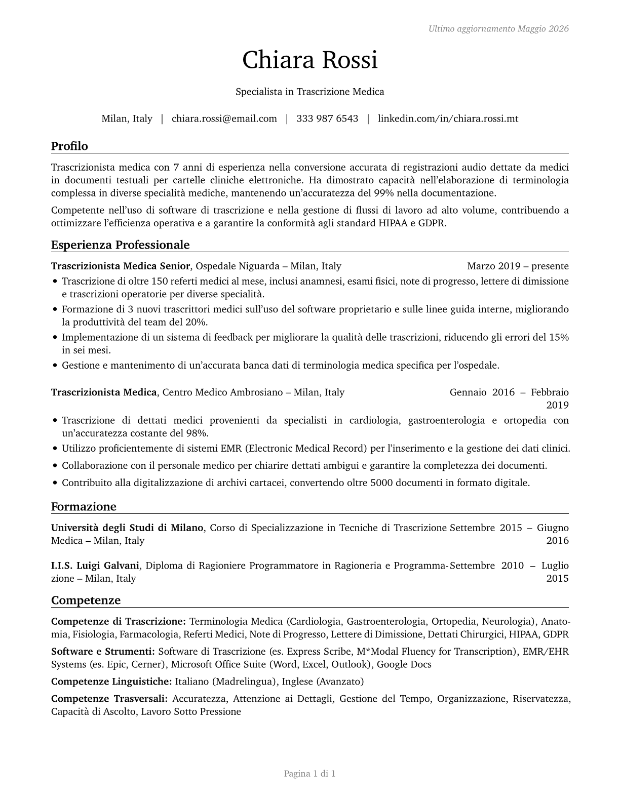 Medical Transcriptionists CV in Italian — page 1