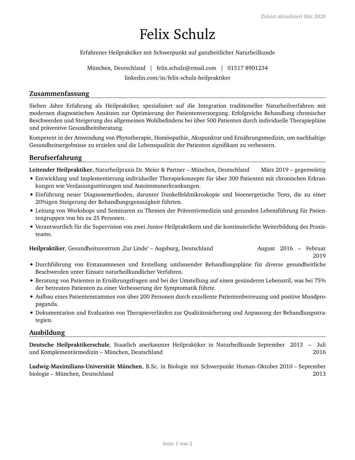 Naturopathic Physicians CV in German — page 1
