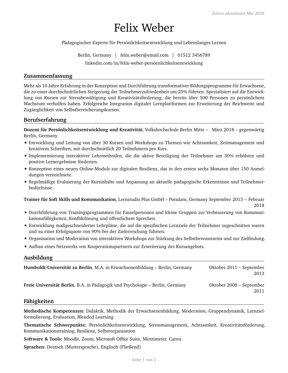 Self-Enrichment Teachers CV in German — page 1