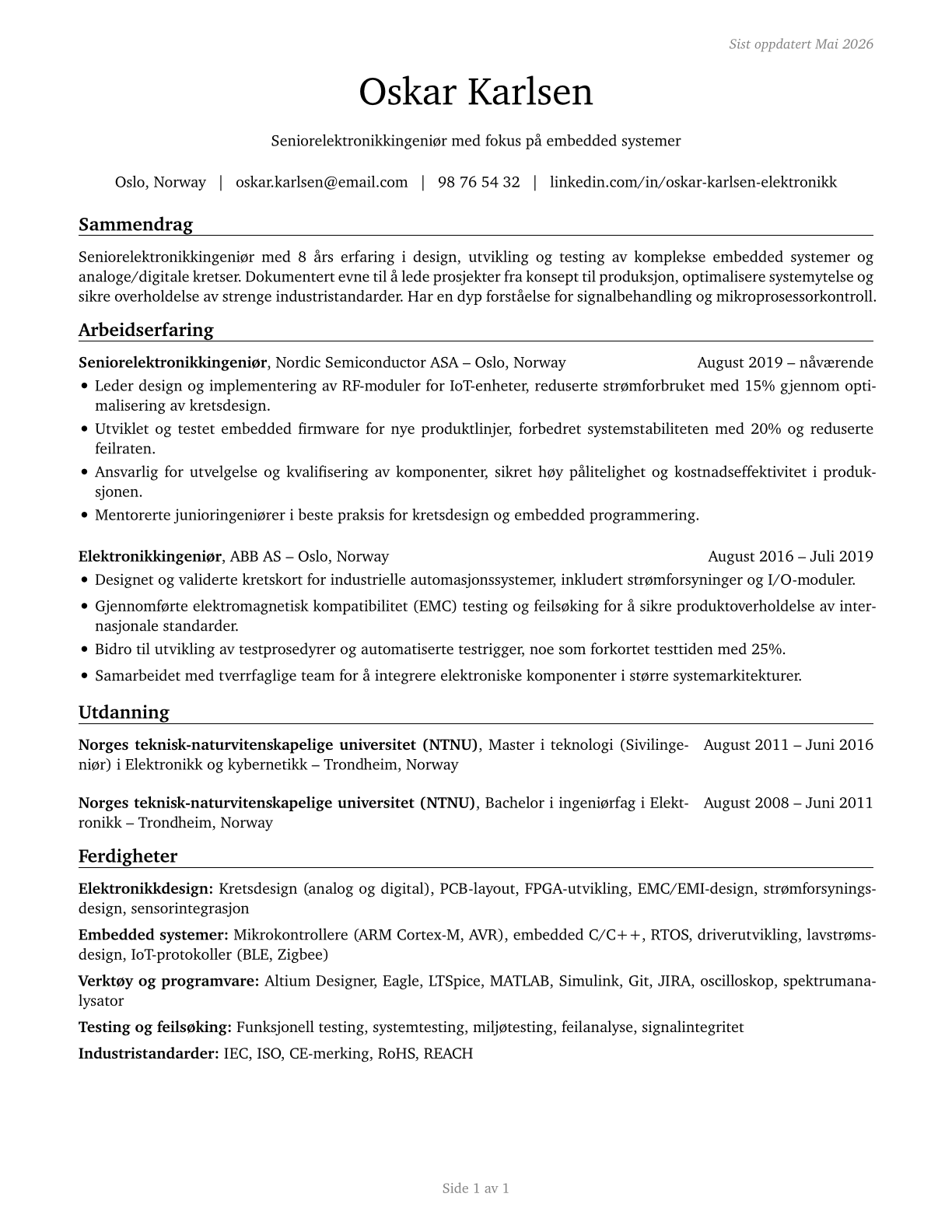 Electronics Engineers, Except Computer CV in Norwegian_bokmal — page 1