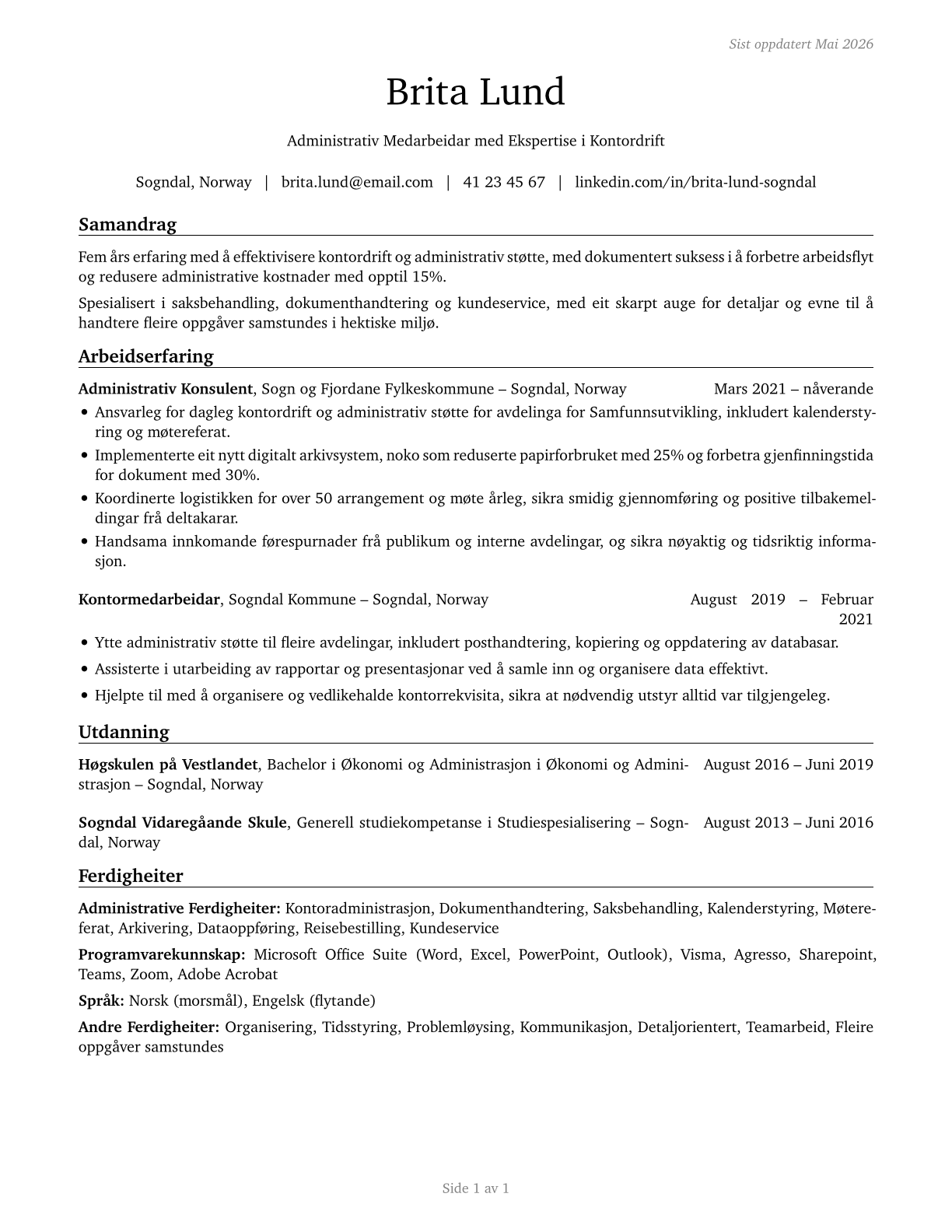 Office and Administrative Support Workers, All Other CV in Norwegian_nynorsk — page 1