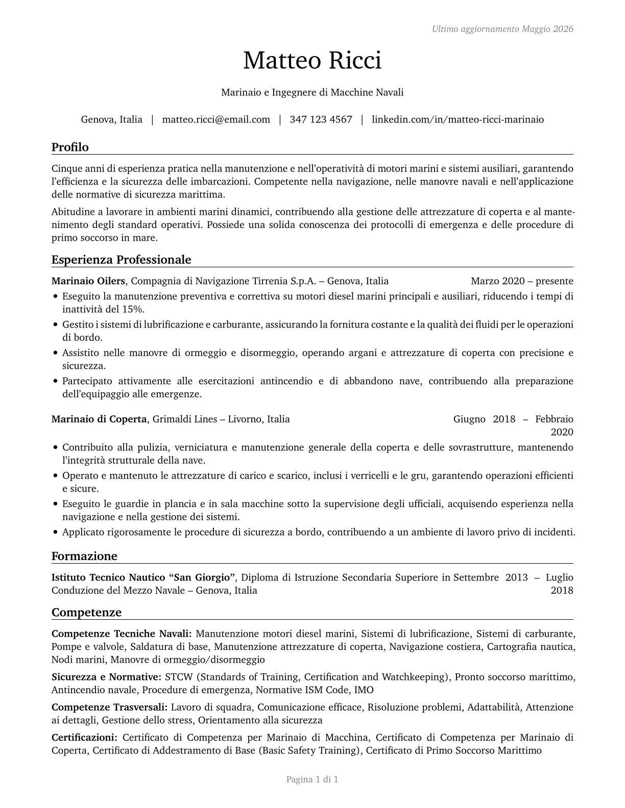 Sailors and Marine Oilers CV in Italian — page 1