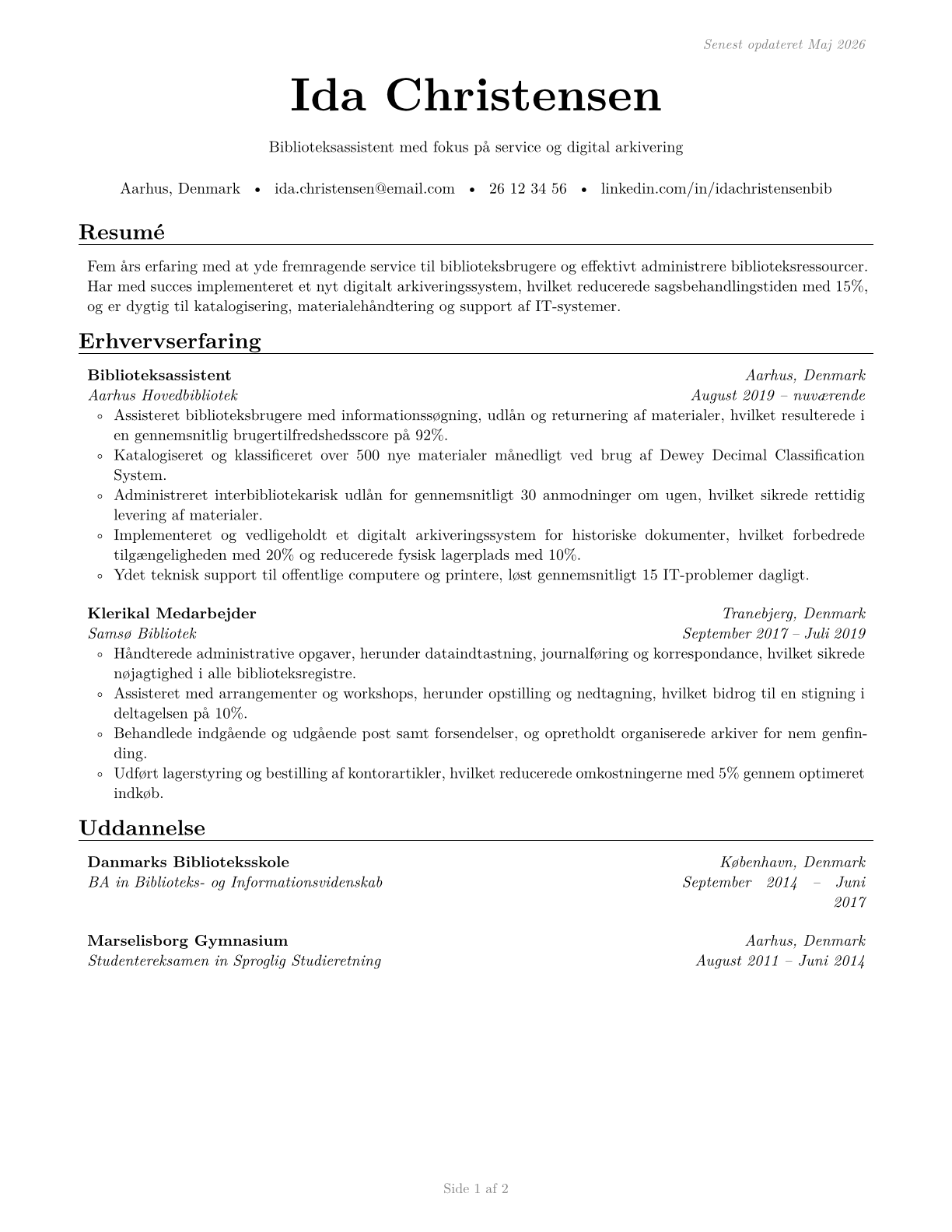 Library Assistants, Clerical CV in Danish — page 1