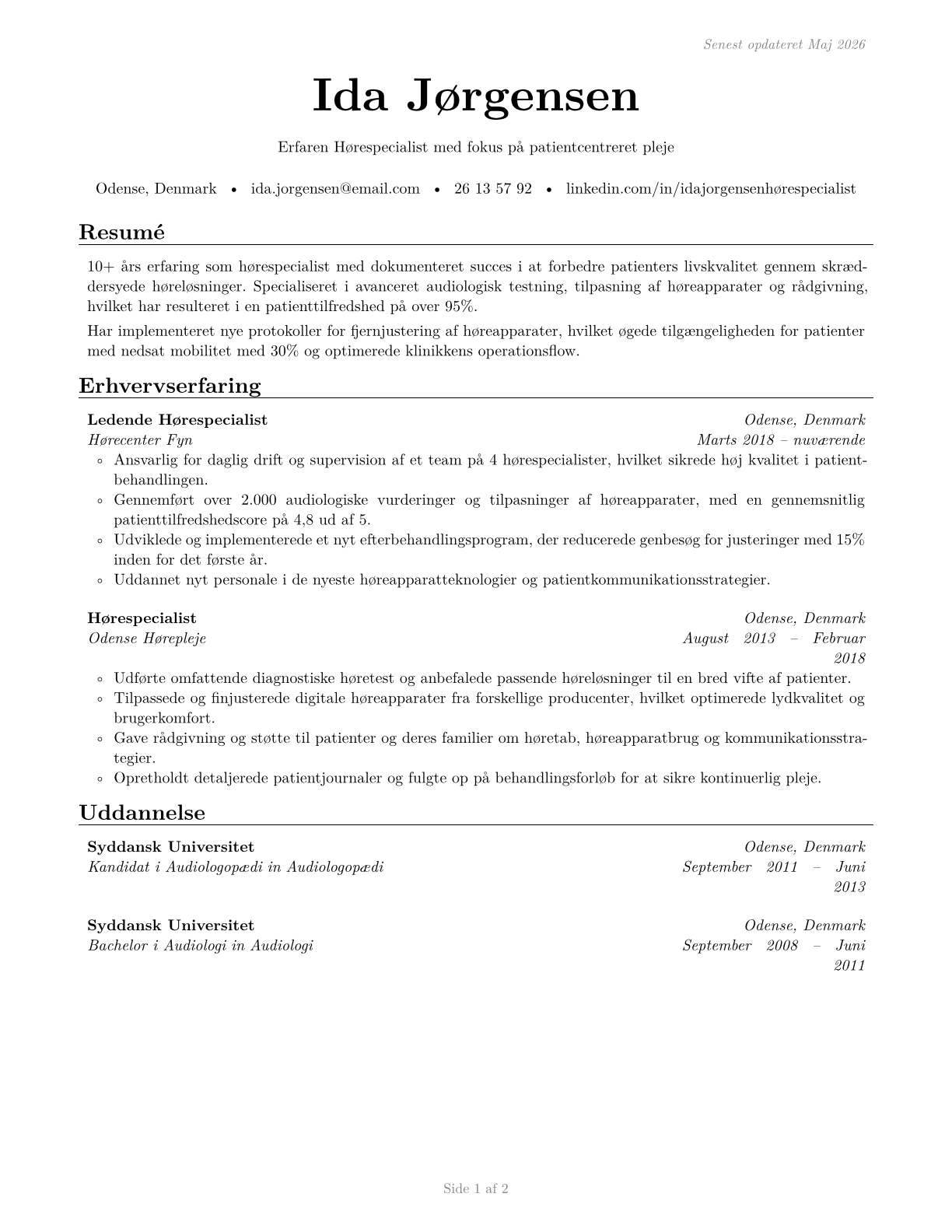 Hearing Aid Specialists CV in Danish — page 1