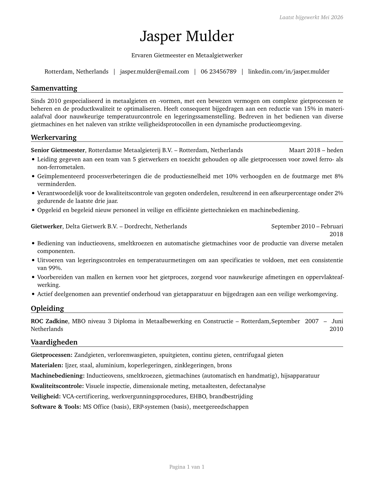 Pourers and Casters, Metal CV in Dutch — page 1