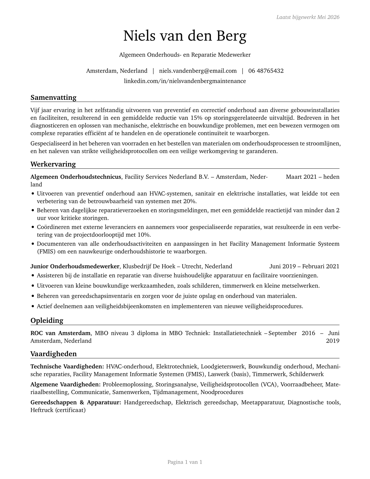 Maintenance and Repair Workers, General CV in Dutch — page 1