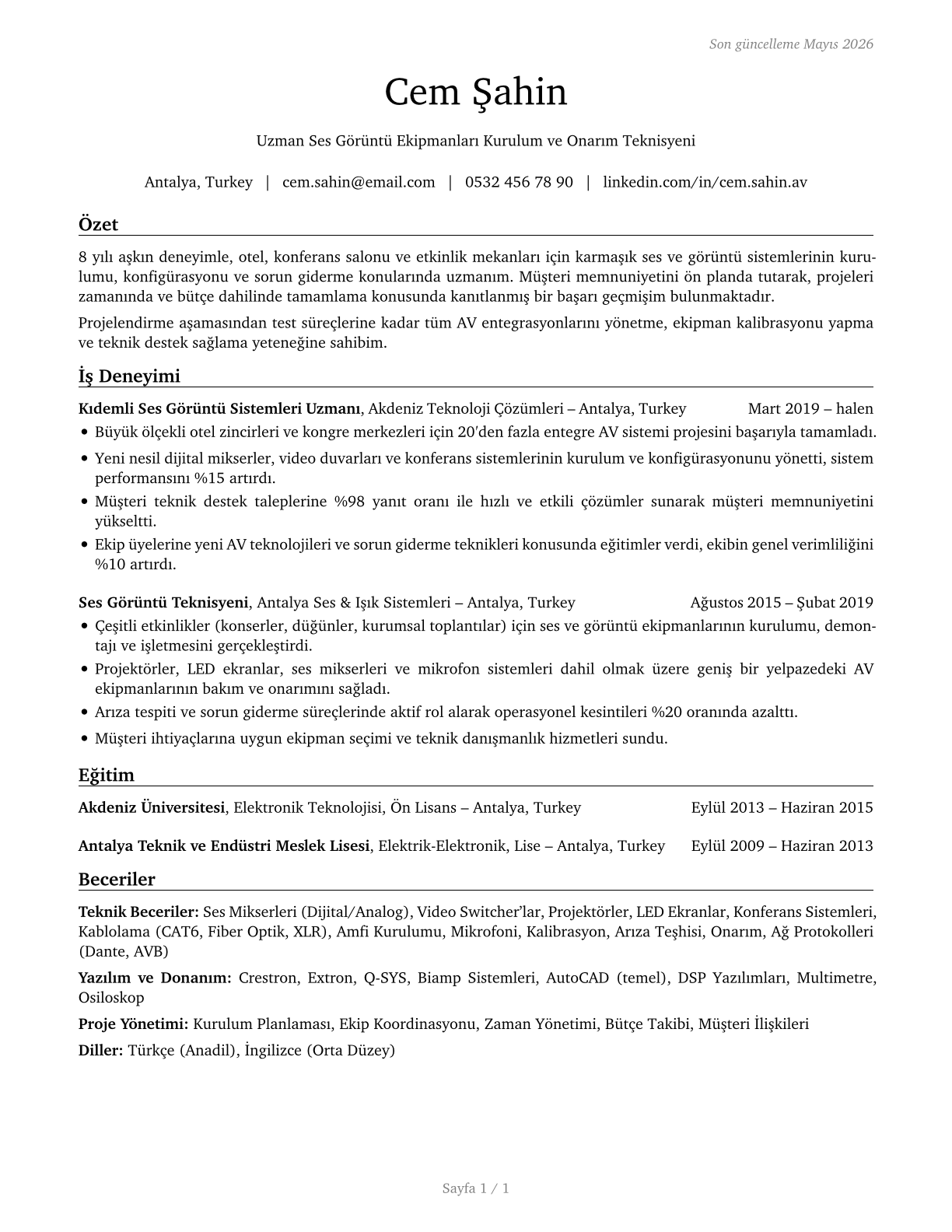 Audiovisual Equipment Installers and Repairers CV in Turkish — page 1