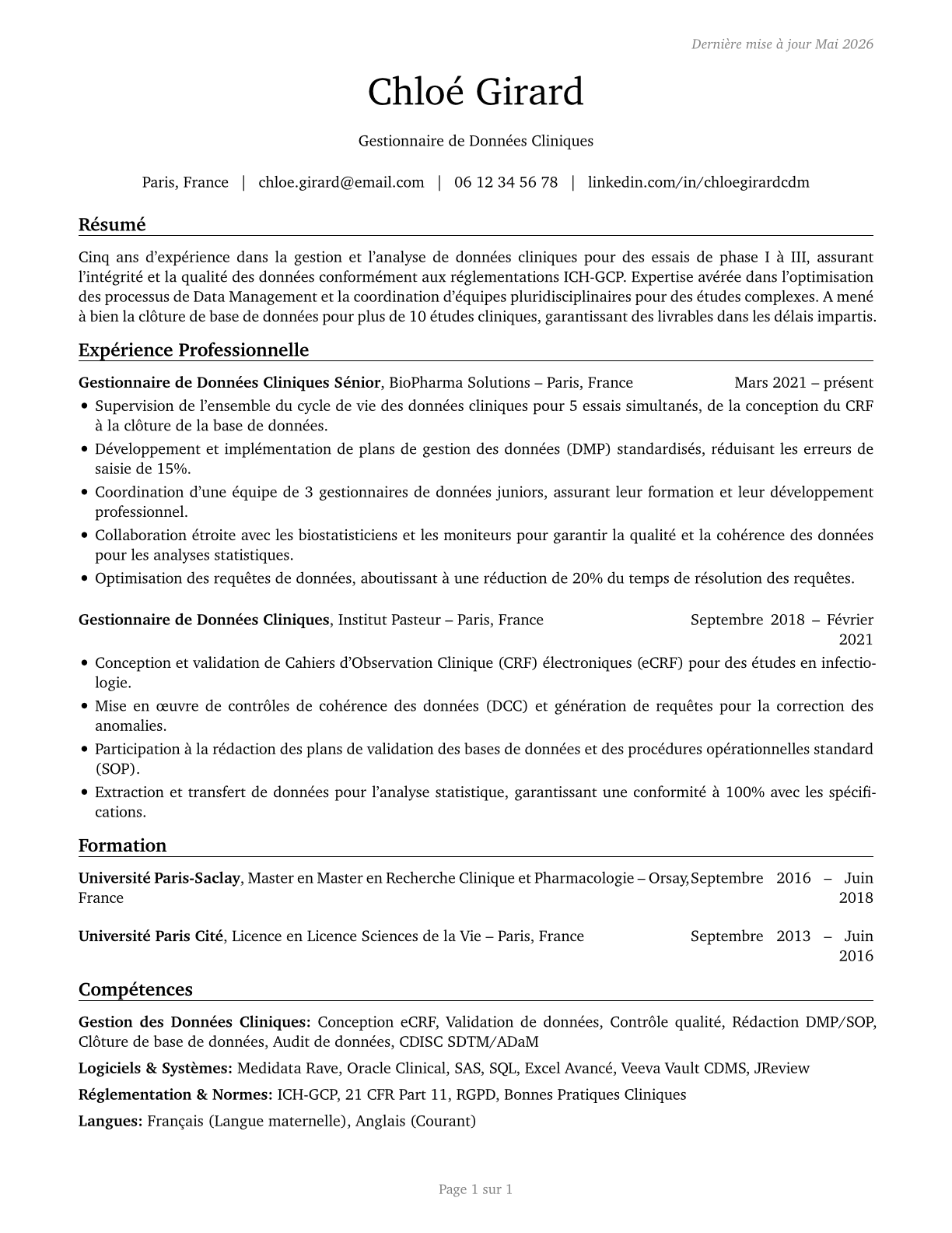 Clinical Data Managers CV in French — page 1