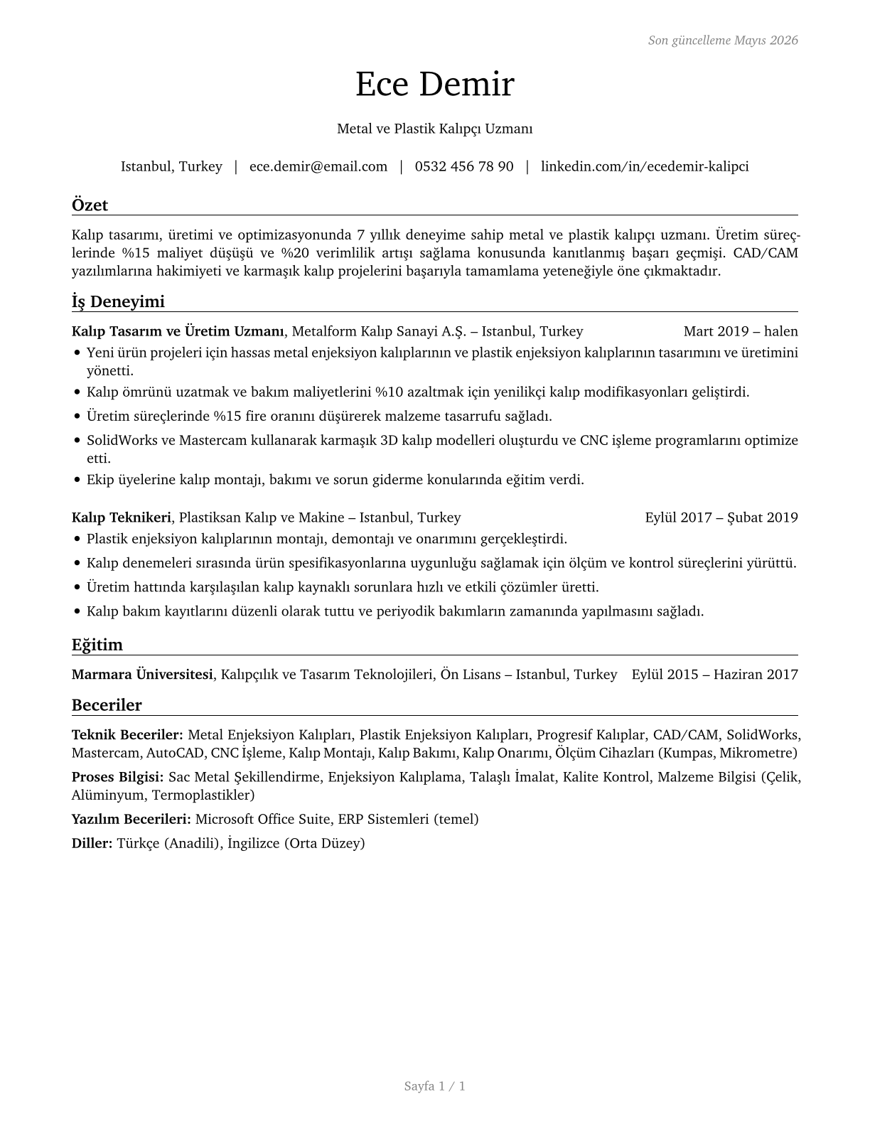 Patternmakers, Metal and Plastic CV in Turkish — page 1