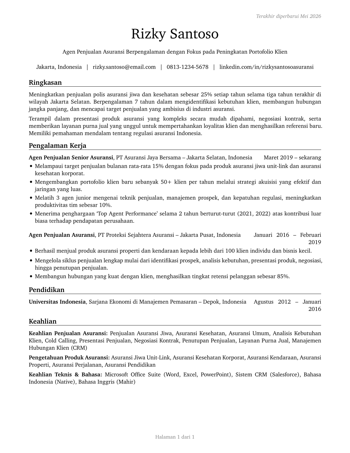 Insurance Sales Agents CV in Indonesian — page 1