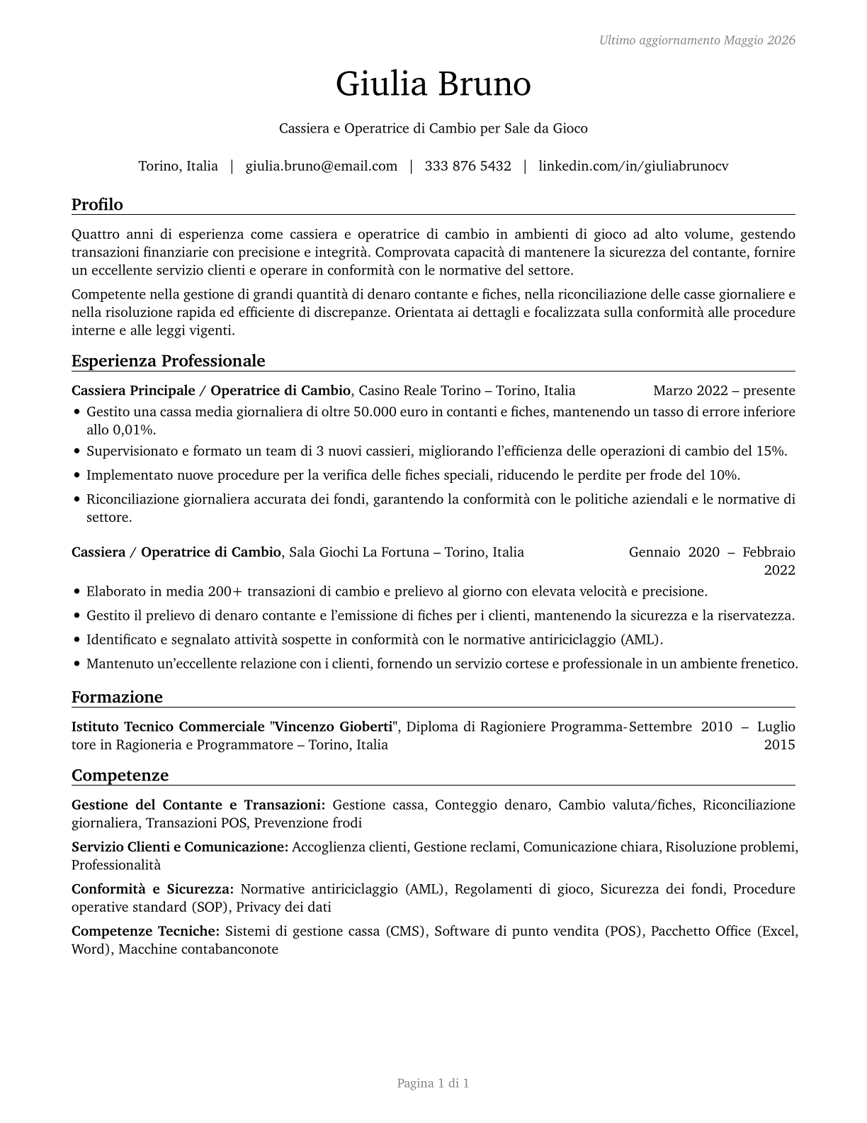 Gambling Change Persons and Booth Cashiers CV in Italian — page 1