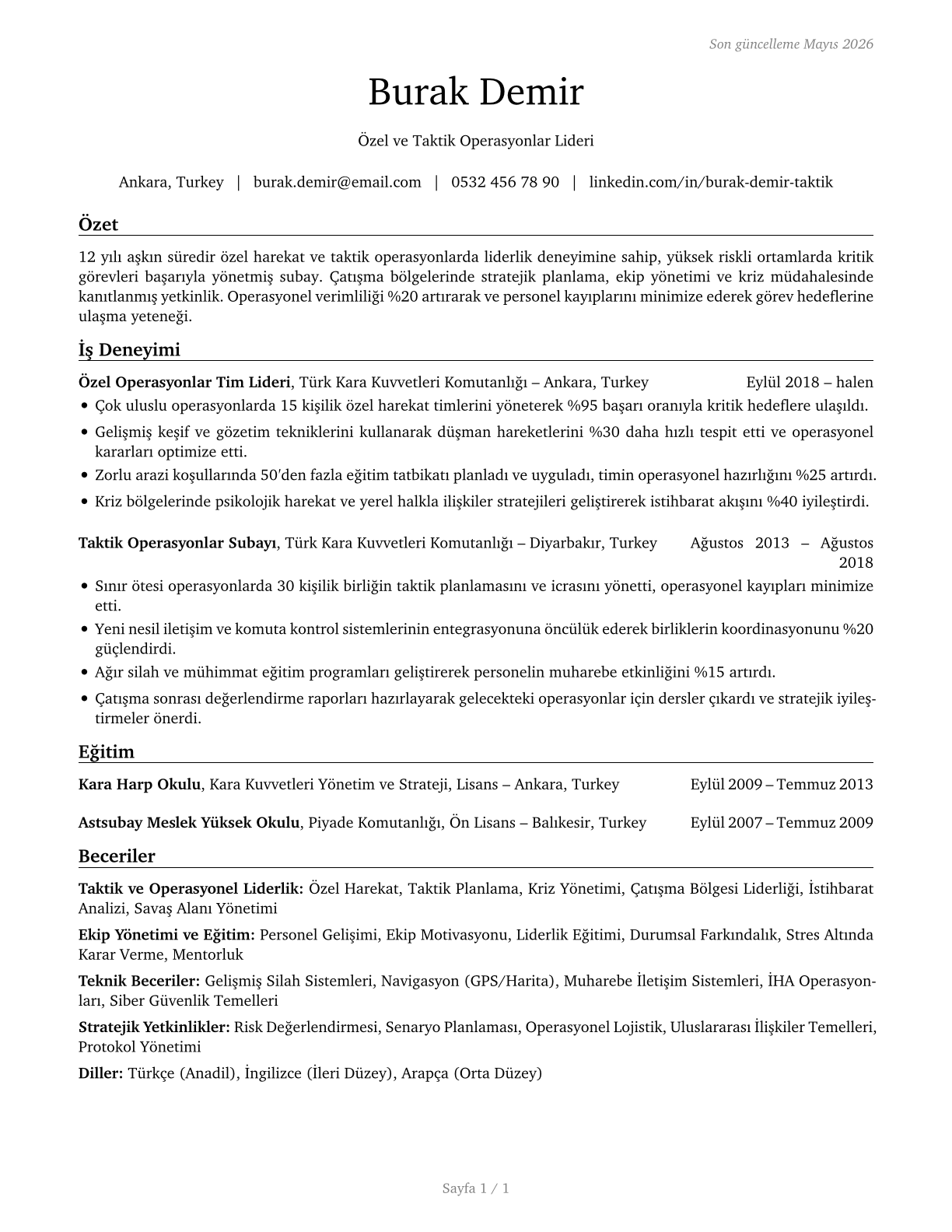 Military Officer Special and Tactical Operations Leaders, All Other CV in Turkish — page 1