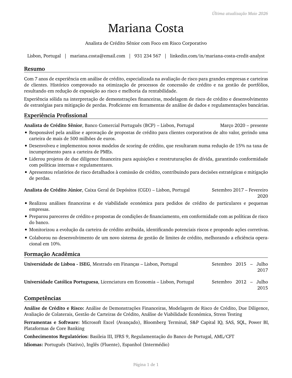 Credit Analysts CV in Portuguese — page 1