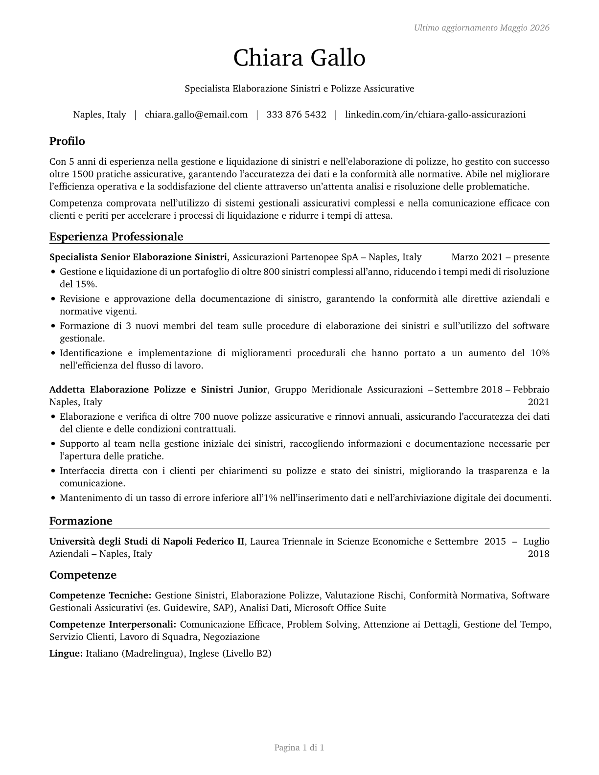 Insurance Claims and Policy Processing Clerks CV in Italian — page 1