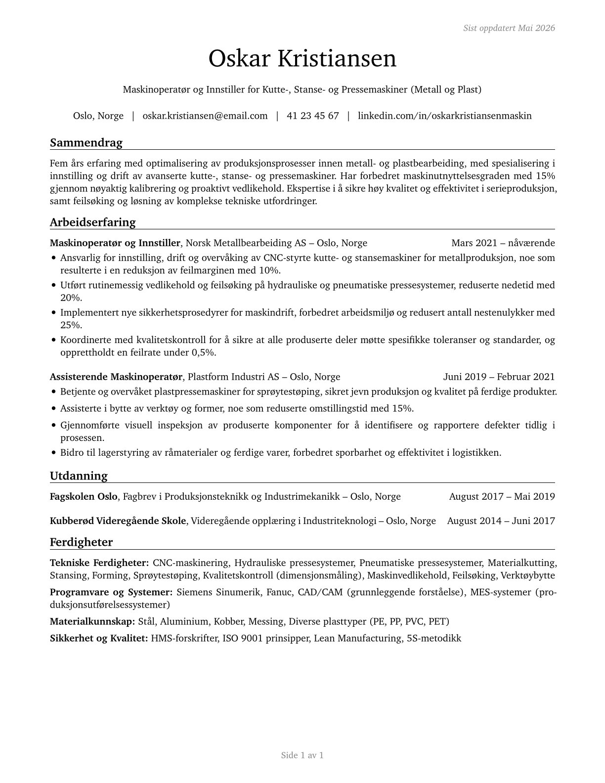 Cutting, Punching, and Press Machine Setters, Operators, and Tenders, Metal and Plastic CV in Norwegian_bokmal — page 1
