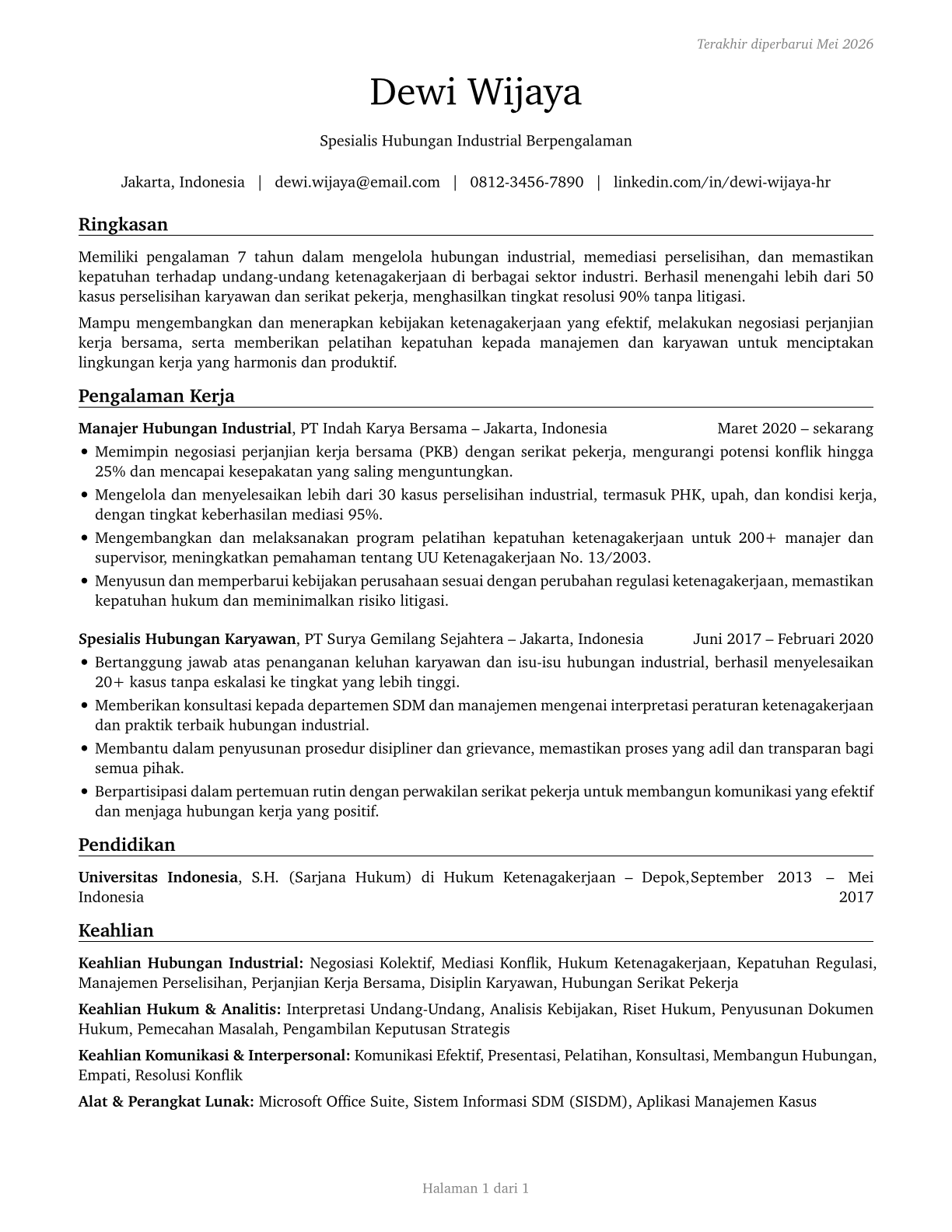 Labor Relations Specialists CV in Indonesian — page 1