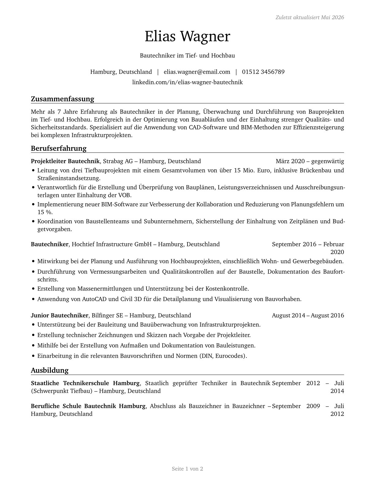 Civil Engineering Technologists and Technicians CV in German — page 1
