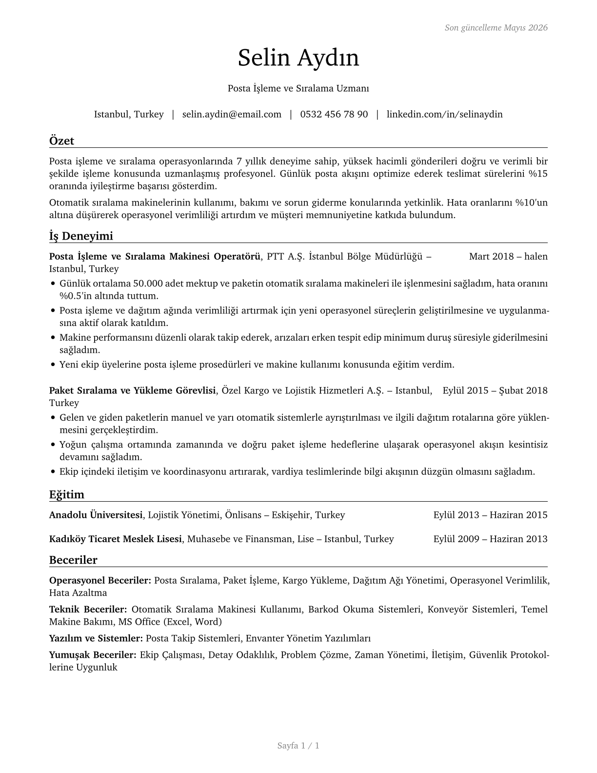Postal Service Mail Sorters, Processors, and Processing Machine Operators CV in Turkish — page 1