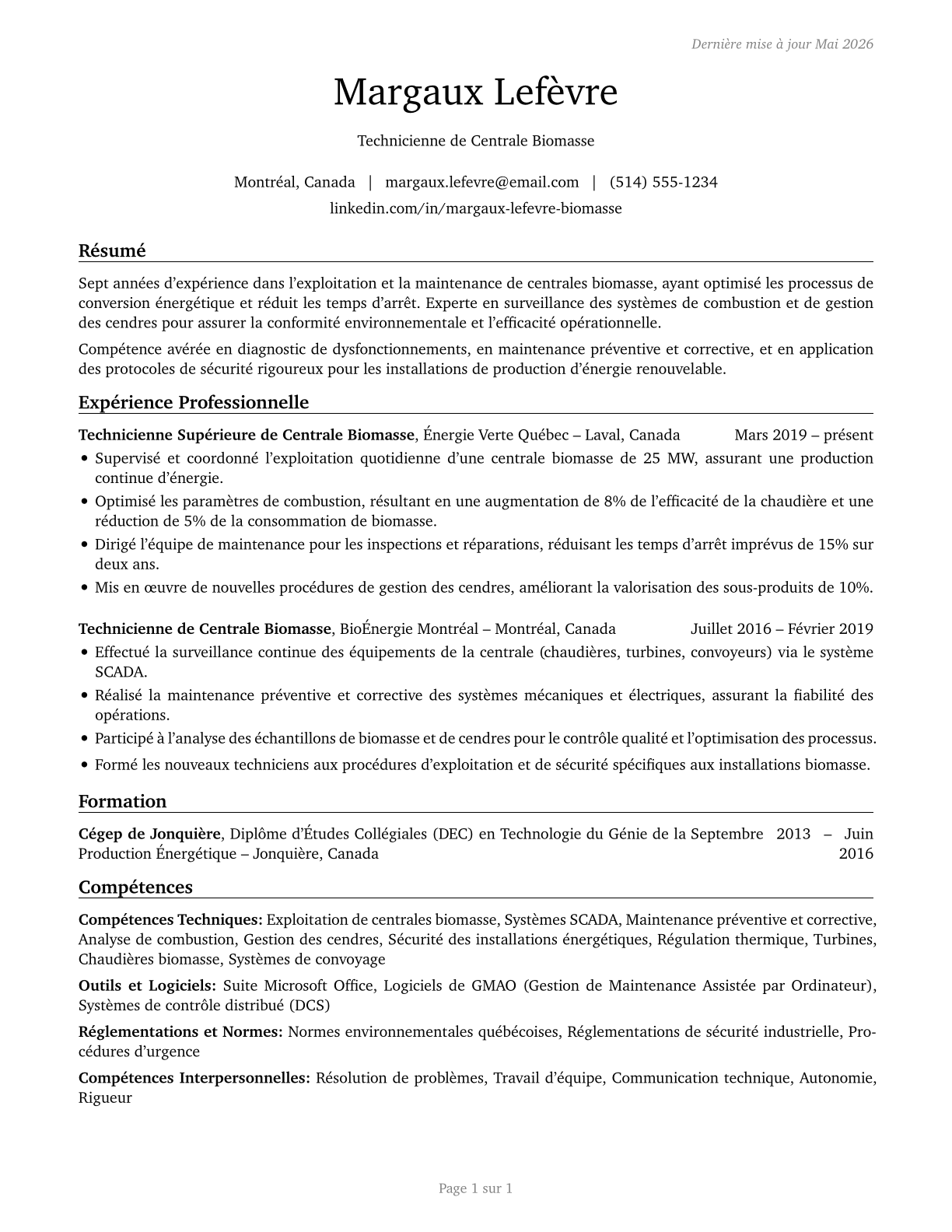 Biomass Plant Technicians CV in French — page 1