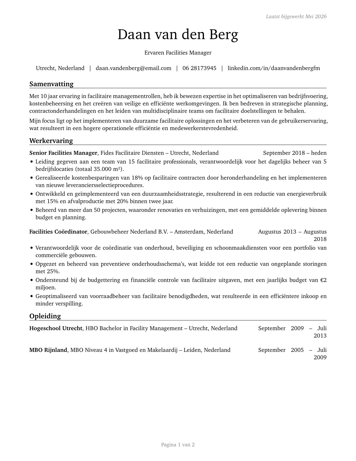 Facilities Managers CV in Dutch — page 1