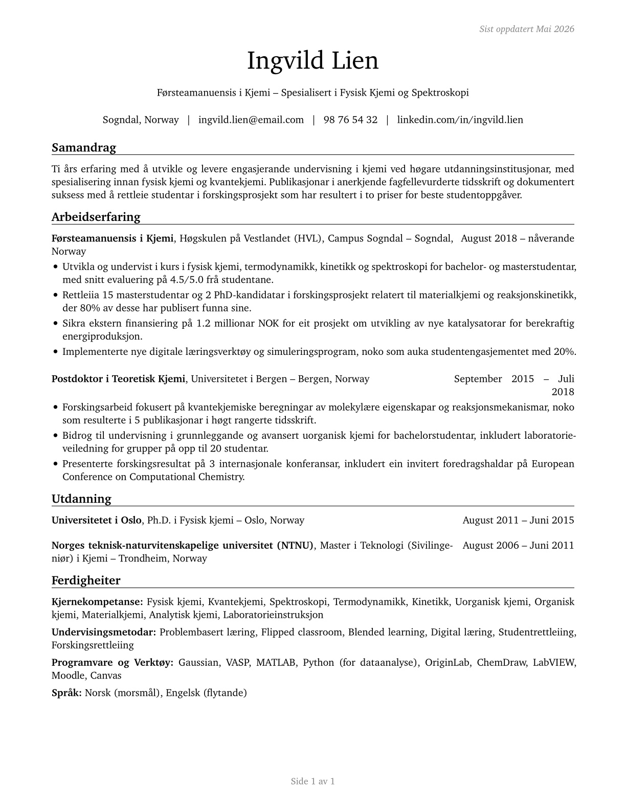 Chemistry Teachers, Postsecondary CV in Norwegian_nynorsk — page 1