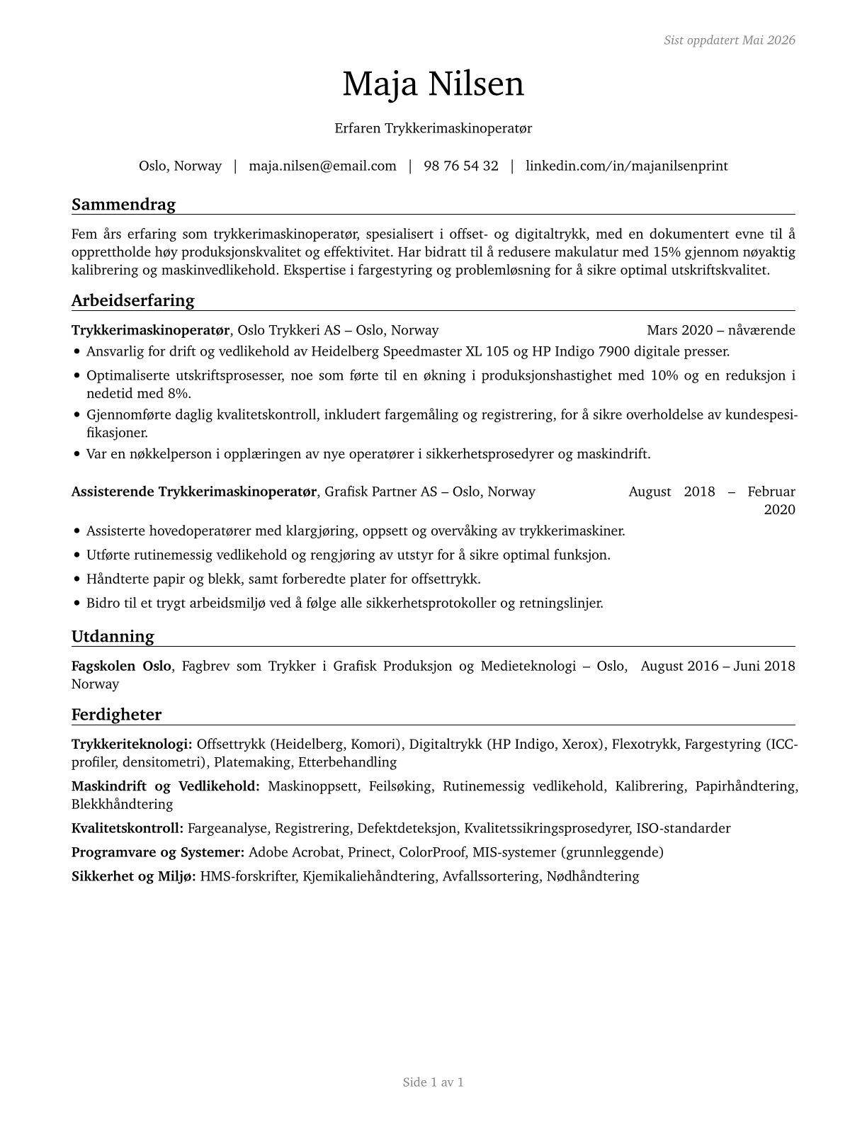 Printing Press Operators CV in Norwegian_bokmal — page 1