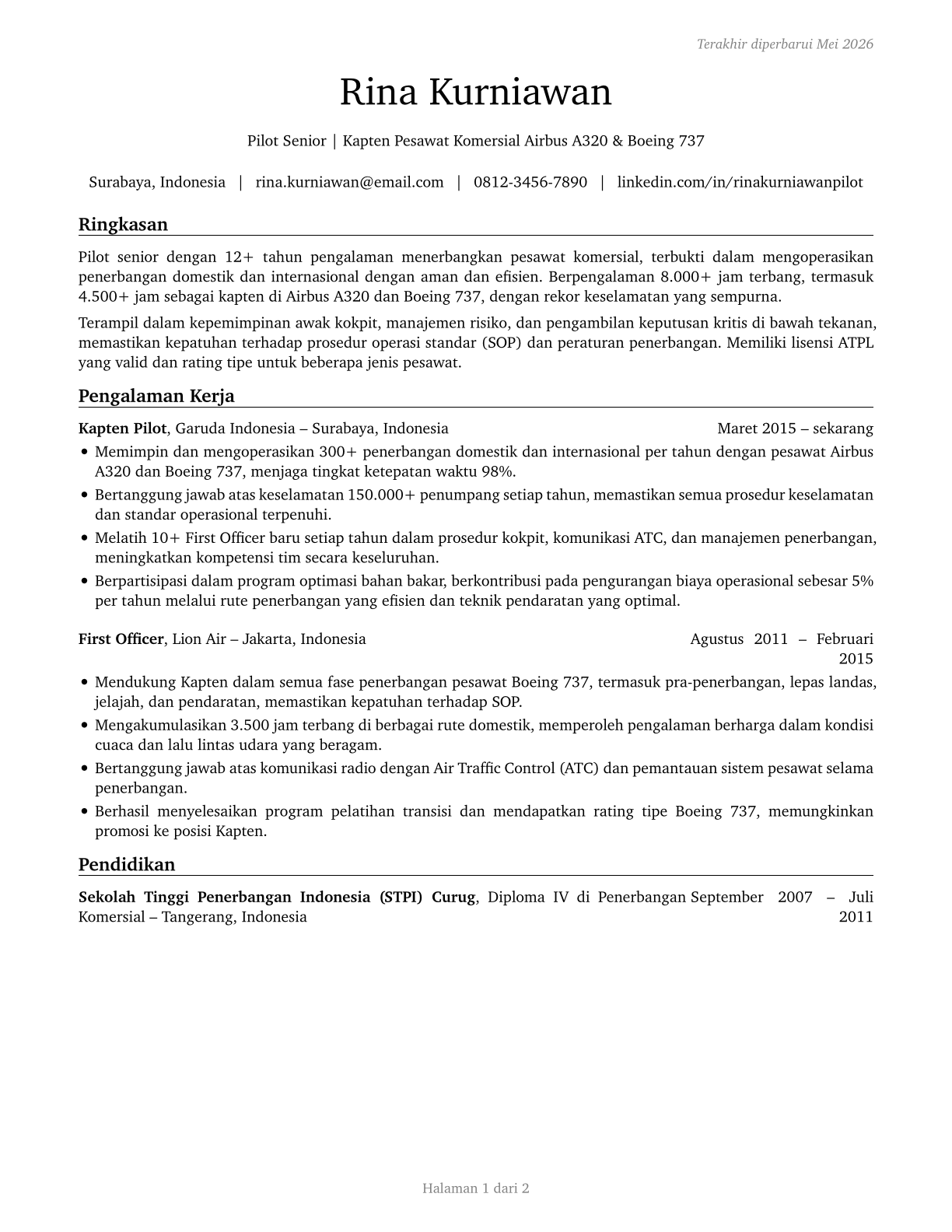 Airline Pilots, Copilots, and Flight Engineers CV in Indonesian — page 1