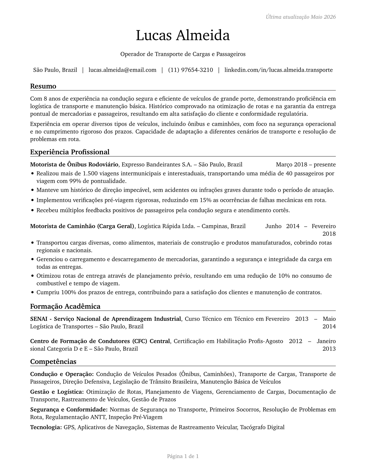 Transportation Workers, All Other CV in Portuguese — page 1