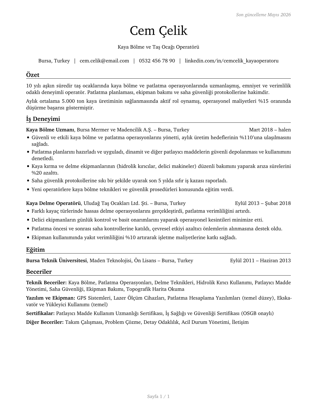 Rock Splitters, Quarry CV in Turkish — page 1