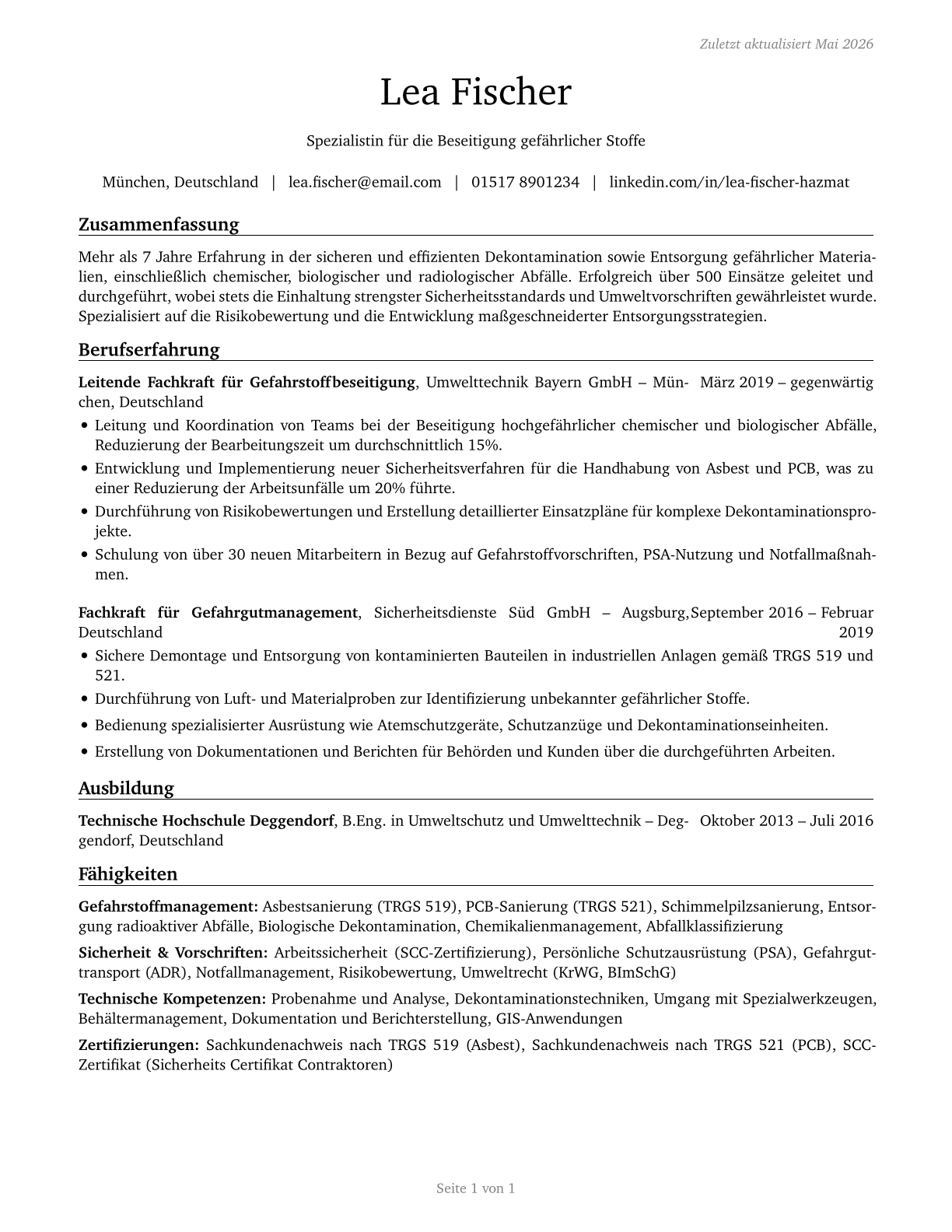 Hazardous Materials Removal Workers CV in German — page 1